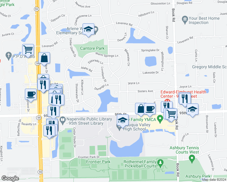 map of restaurants, bars, coffee shops, grocery stores, and more near 2415 Sisters Court in Naperville