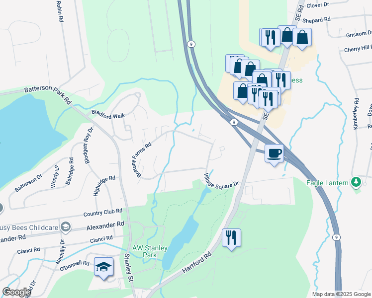 map of restaurants, bars, coffee shops, grocery stores, and more near 357 Brittany Farms Road in New Britain