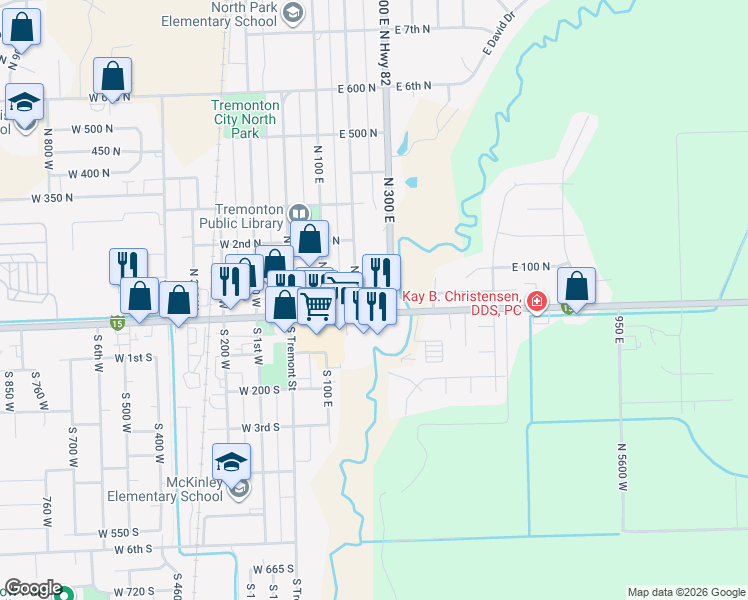 map of restaurants, bars, coffee shops, grocery stores, and more near 240 East Main Street in Tremonton