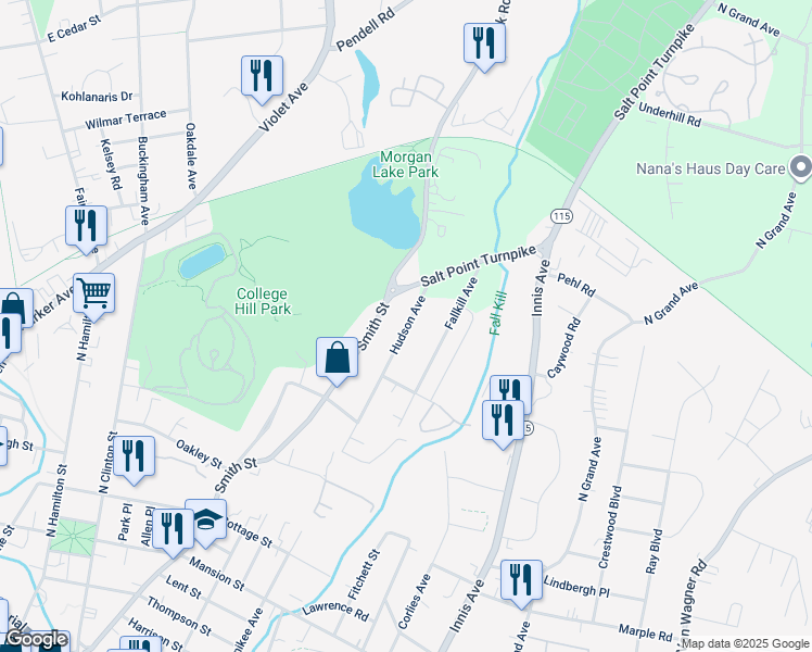 map of restaurants, bars, coffee shops, grocery stores, and more near 7413 Hudson Avenue in Poughkeepsie