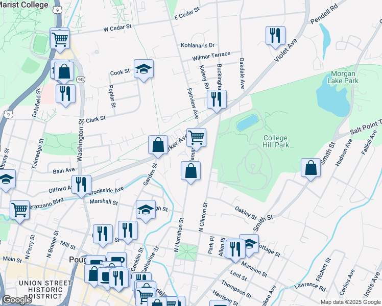 map of restaurants, bars, coffee shops, grocery stores, and more near 187 North Hamilton Street in Poughkeepsie