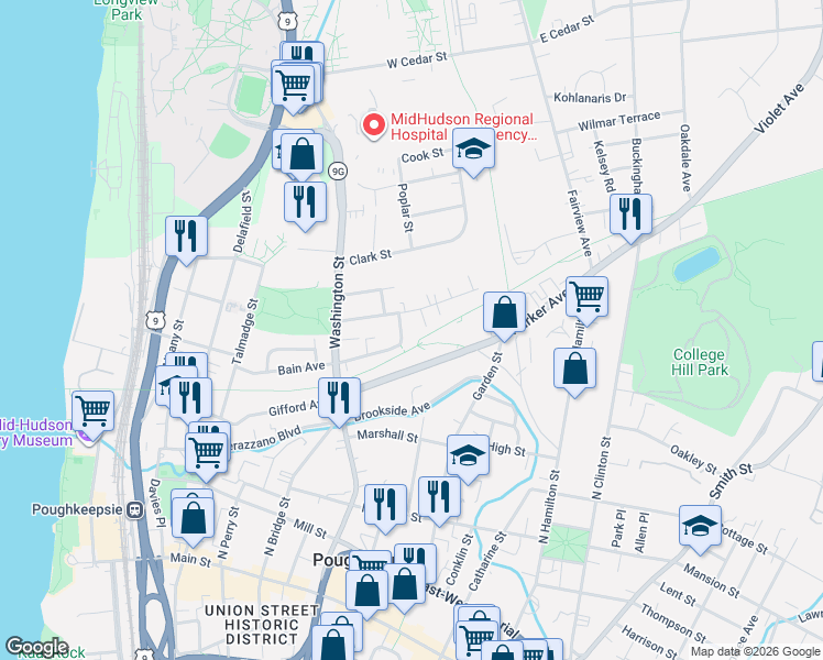 map of restaurants, bars, coffee shops, grocery stores, and more near 61 Parker Avenue in Poughkeepsie