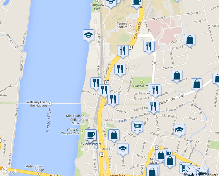 map of restaurants, bars, coffee shops, grocery stores, and more near 31 Hoffman Street in Poughkeepsie