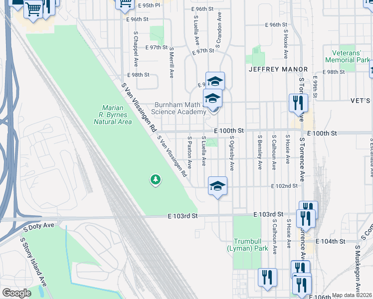 map of restaurants, bars, coffee shops, grocery stores, and more near 10052 South Paxton Avenue in Chicago