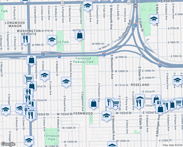 map of restaurants, bars, coffee shops, grocery stores, and more near 314 West 100th Place in Chicago