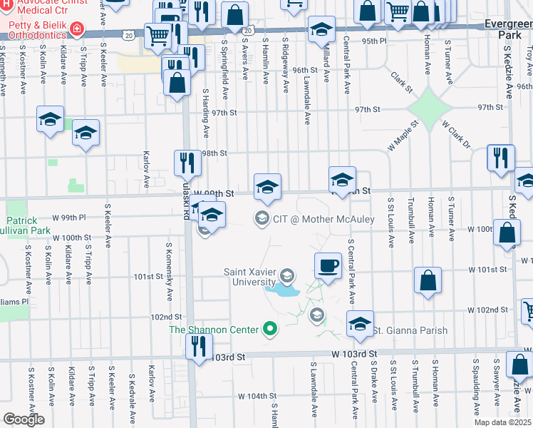 map of restaurants, bars, coffee shops, grocery stores, and more near 3737 West 99th Street in Chicago