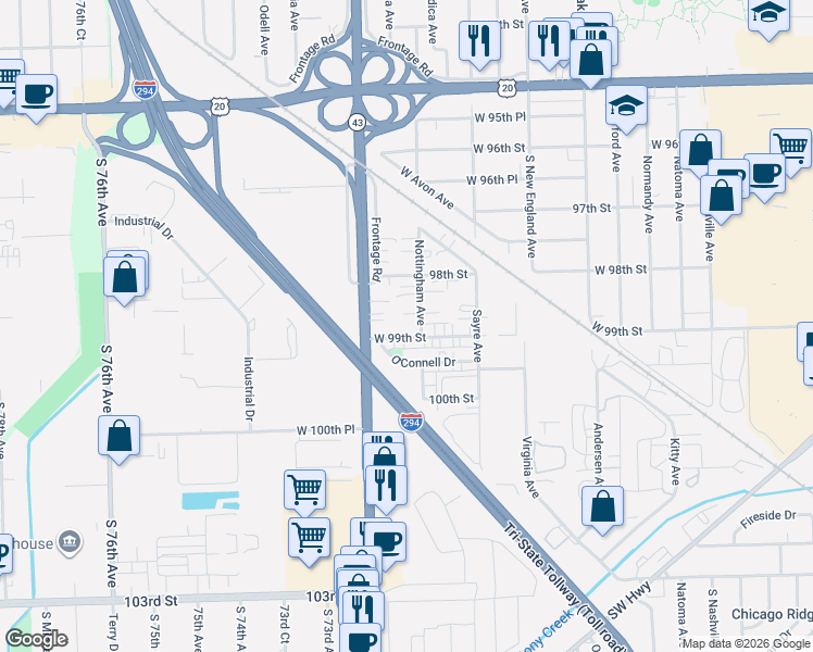 map of restaurants, bars, coffee shops, grocery stores, and more near 7100 West 99th Street in Chicago Ridge