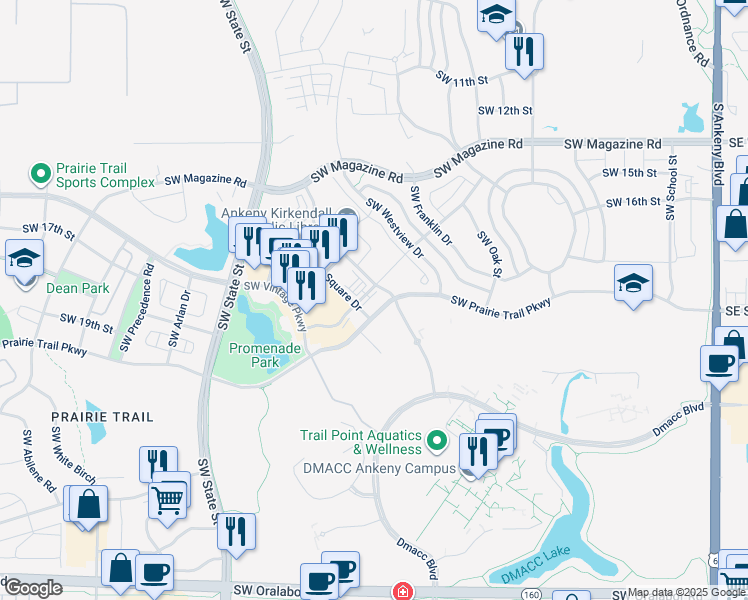 map of restaurants, bars, coffee shops, grocery stores, and more near 1155 Southwest Prairie Trail Parkway in Ankeny