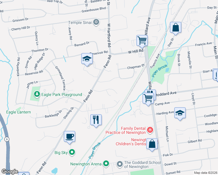 map of restaurants, bars, coffee shops, grocery stores, and more near 19 Dacosta Drive in Newington