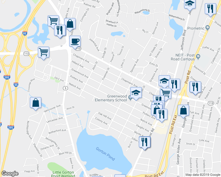 map of restaurants, bars, coffee shops, grocery stores, and more near 232 Greenwood Avenue in Warwick