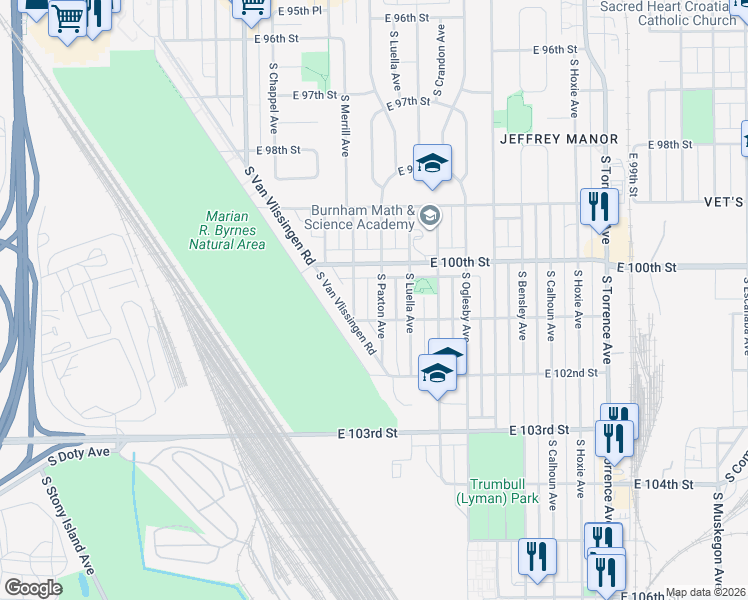 map of restaurants, bars, coffee shops, grocery stores, and more near 10036 South Paxton Avenue in Chicago