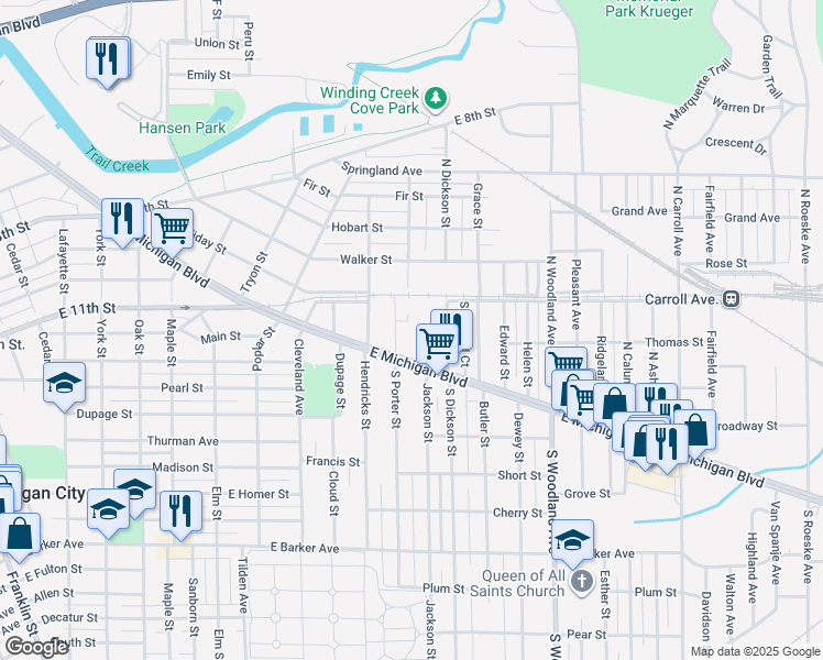 map of restaurants, bars, coffee shops, grocery stores, and more near 111 Johnston Street in Michigan City