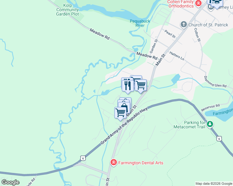 map of restaurants, bars, coffee shops, grocery stores, and more near 92 Wellington Drive in Farmington