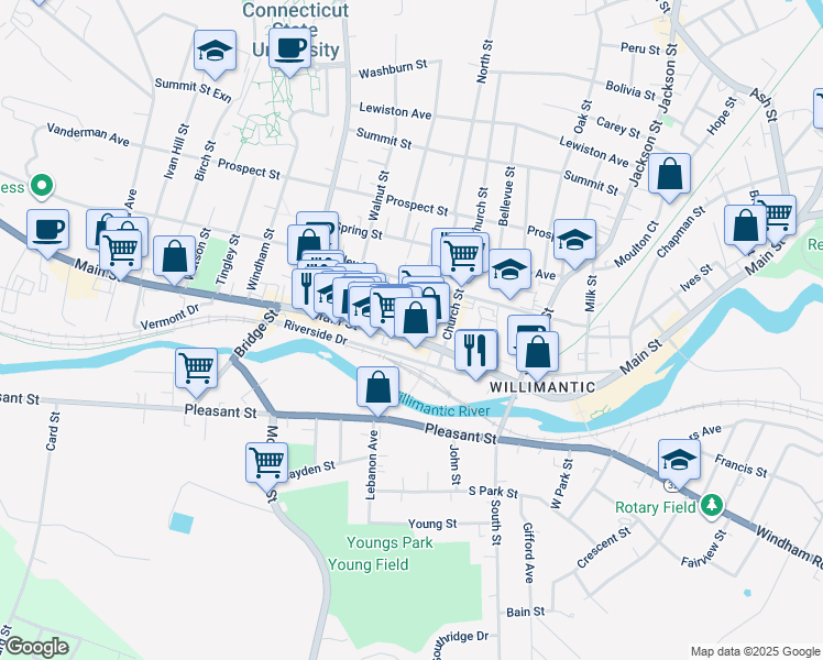 map of restaurants, bars, coffee shops, grocery stores, and more near 744 Main Street in Windham