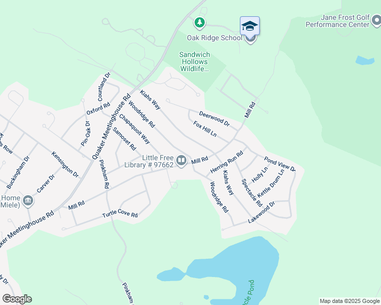 map of restaurants, bars, coffee shops, grocery stores, and more near 30 Woodridge Road in Sandwich
