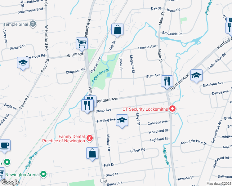 map of restaurants, bars, coffee shops, grocery stores, and more near 158 Stoddard Avenue in Newington