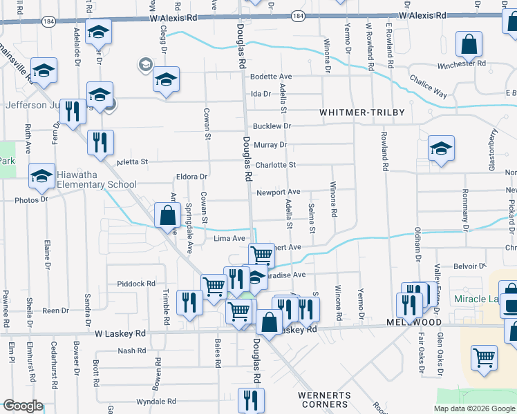 map of restaurants, bars, coffee shops, grocery stores, and more near 5310 Douglas Road in Toledo