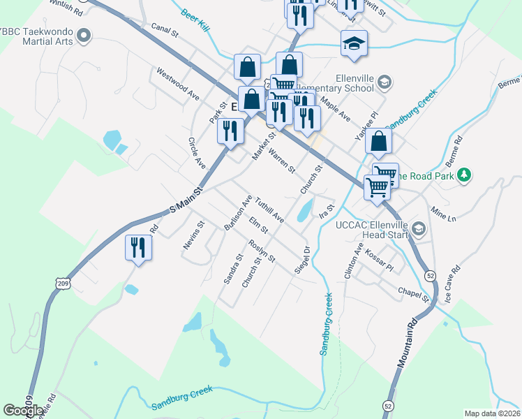 map of restaurants, bars, coffee shops, grocery stores, and more near 17 Elm Street in Ellenville