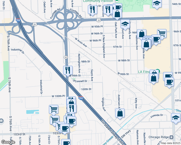 map of restaurants, bars, coffee shops, grocery stores, and more near 9901 Sayre Avenue in Chicago Ridge