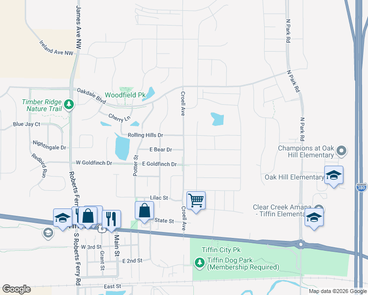 map of restaurants, bars, coffee shops, grocery stores, and more near 726 North Croell Avenue in Tiffin