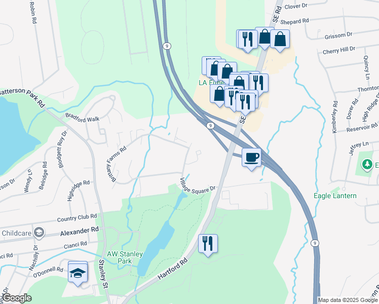 map of restaurants, bars, coffee shops, grocery stores, and more near 135 Village Square Drive in New Britain