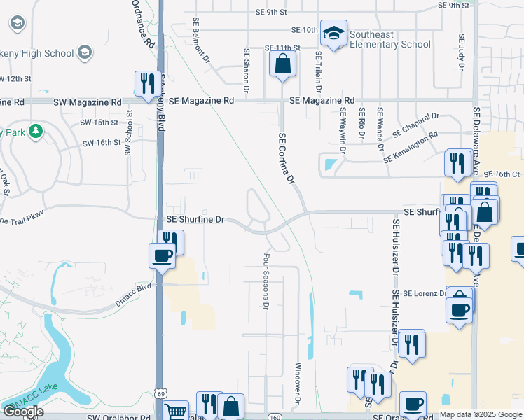 map of restaurants, bars, coffee shops, grocery stores, and more near 1520 Green Park Circle in Ankeny