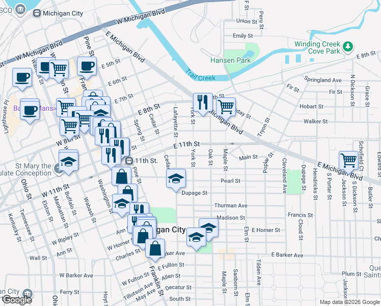 map of restaurants, bars, coffee shops, grocery stores, and more near 502 York Street in Michigan City