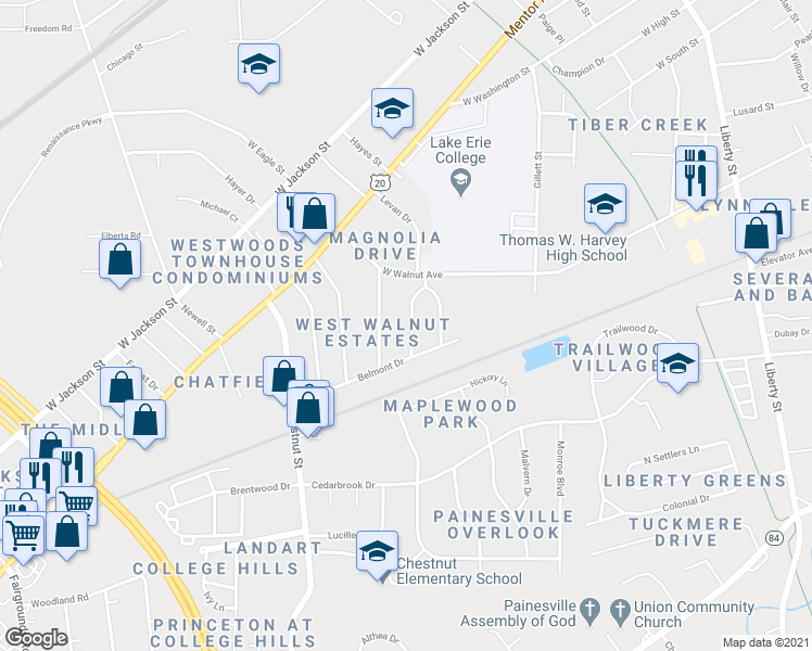 map of restaurants, bars, coffee shops, grocery stores, and more near 186 Park Boulevard in Painesville