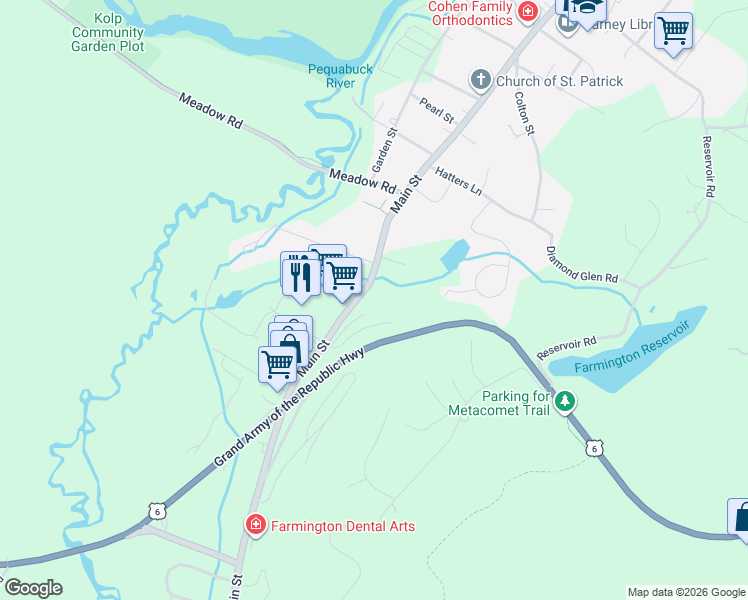map of restaurants, bars, coffee shops, grocery stores, and more near 221 Main Street in Farmington