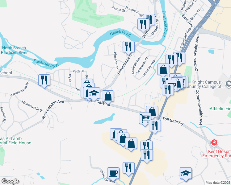 map of restaurants, bars, coffee shops, grocery stores, and more near 67 Carr's Lane in Warwick