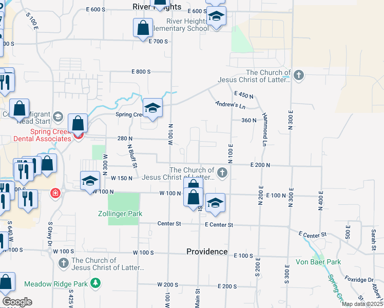 map of restaurants, bars, coffee shops, grocery stores, and more near 49 West 200 North in Providence