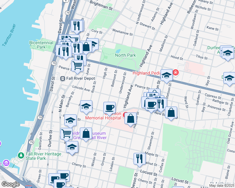 map of restaurants, bars, coffee shops, grocery stores, and more near 130 Underwood Street in Fall River