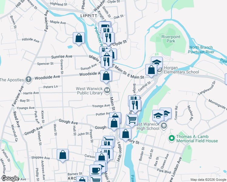 map of restaurants, bars, coffee shops, grocery stores, and more near 1048 Main Street in West Warwick