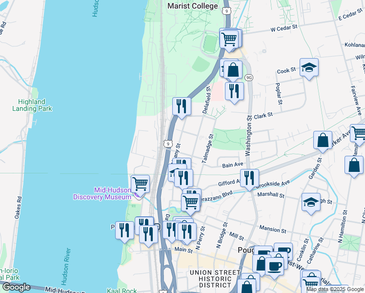 map of restaurants, bars, coffee shops, grocery stores, and more near 54 Delafield Street in Poughkeepsie