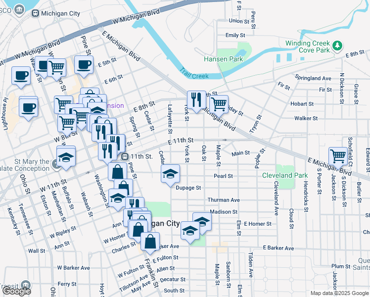 map of restaurants, bars, coffee shops, grocery stores, and more near 502 York Street in Michigan City