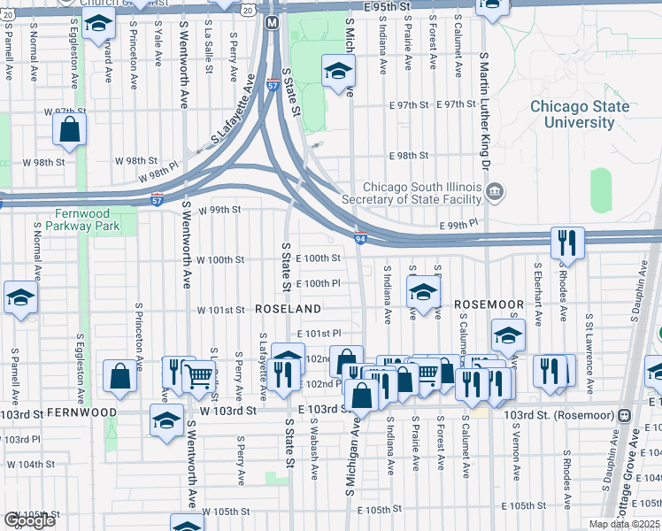 map of restaurants, bars, coffee shops, grocery stores, and more near 70 East 100th Place in Chicago