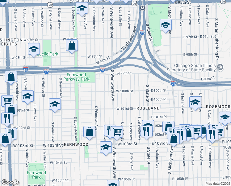 map of restaurants, bars, coffee shops, grocery stores, and more near 10018 South Wentworth Avenue in Chicago