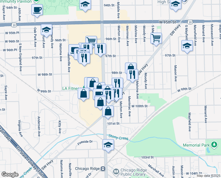 map of restaurants, bars, coffee shops, grocery stores, and more near 6321 West 99th Street in Oak Lawn