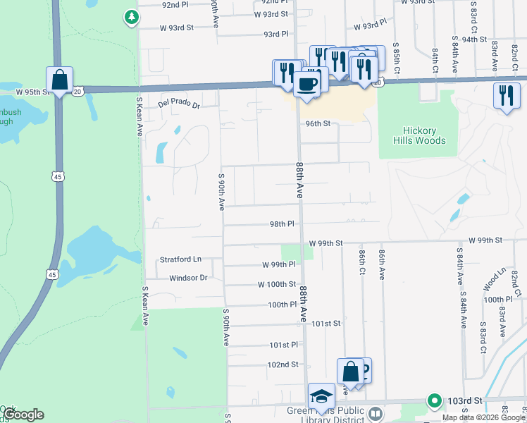 map of restaurants, bars, coffee shops, grocery stores, and more near 8898 West 98th Place in Palos Hills
