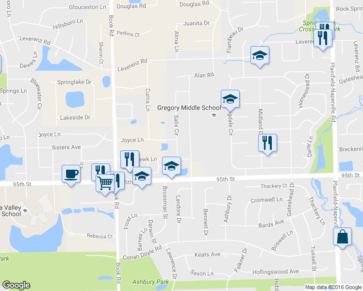map of restaurants, bars, coffee shops, grocery stores, and more near 2708 Salix Circle in Naperville
