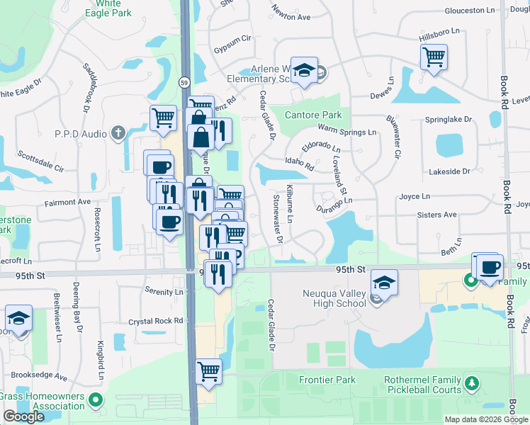 map of restaurants, bars, coffee shops, grocery stores, and more near 2906 Cedar Glade Drive in Naperville