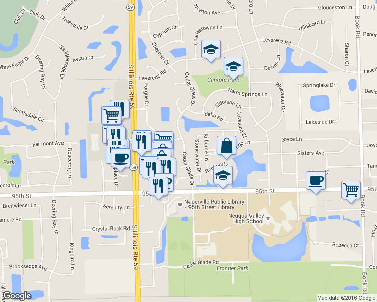 map of restaurants, bars, coffee shops, grocery stores, and more near 2906 Cedar Glade Drive in Naperville