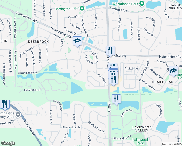 map of restaurants, bars, coffee shops, grocery stores, and more near 2350 Sunshine Lane in Aurora
