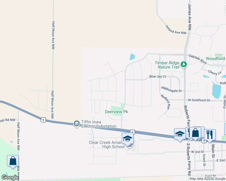 map of restaurants, bars, coffee shops, grocery stores, and more near Owen Street in Tiffin