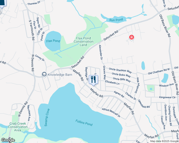 map of restaurants, bars, coffee shops, grocery stores, and more near 16 Ashkins Drive in Dennis