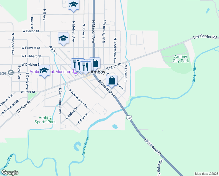 map of restaurants, bars, coffee shops, grocery stores, and more near 303 South Mason Avenue in Amboy