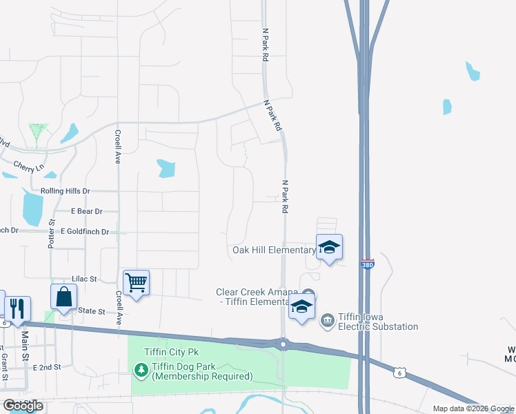 map of restaurants, bars, coffee shops, grocery stores, and more near 3054 North Park Road in Tiffin