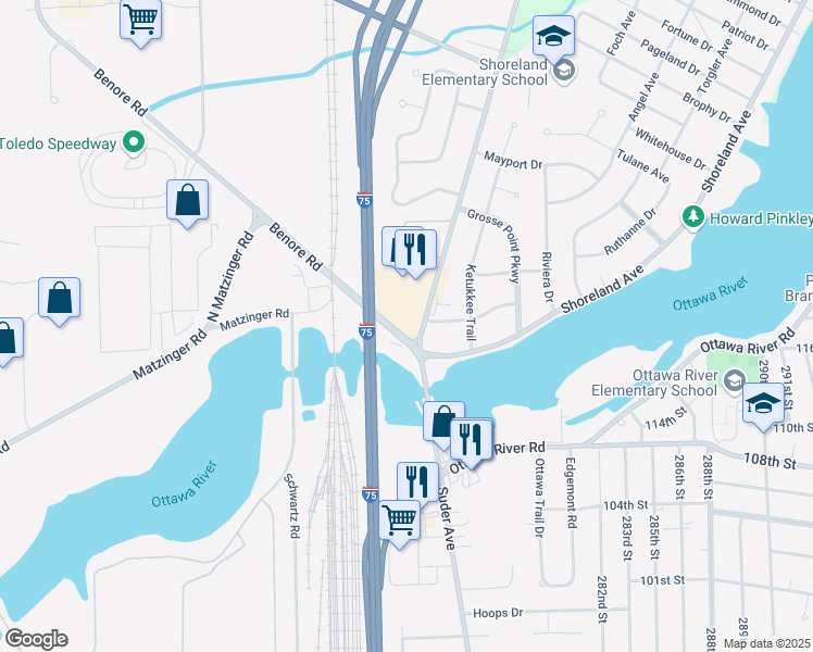 map of restaurants, bars, coffee shops, grocery stores, and more near 5037 Suder Avenue in Toledo