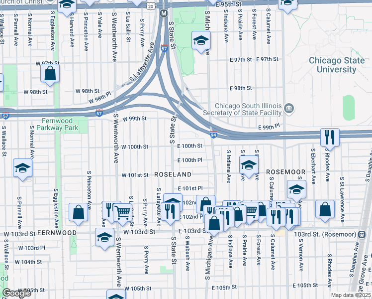map of restaurants, bars, coffee shops, grocery stores, and more near 31 East 100th Street in Chicago