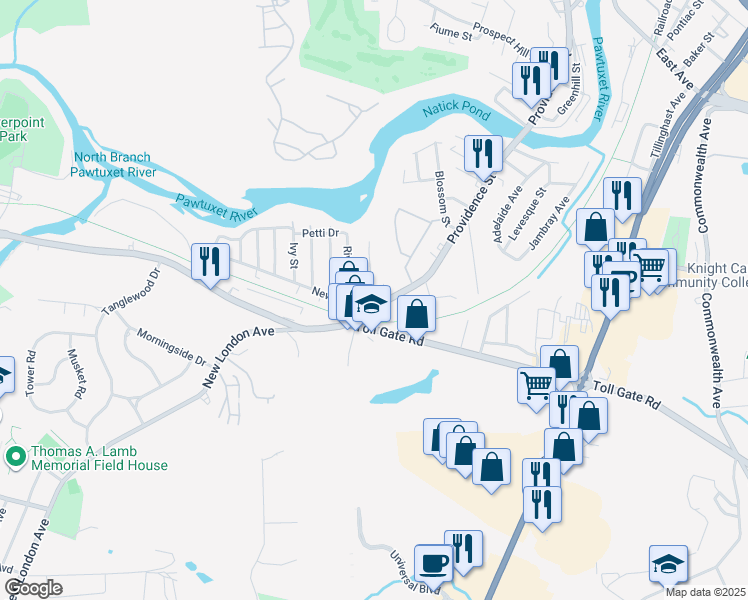 map of restaurants, bars, coffee shops, grocery stores, and more near 1099 Toll Gate Road in Warwick